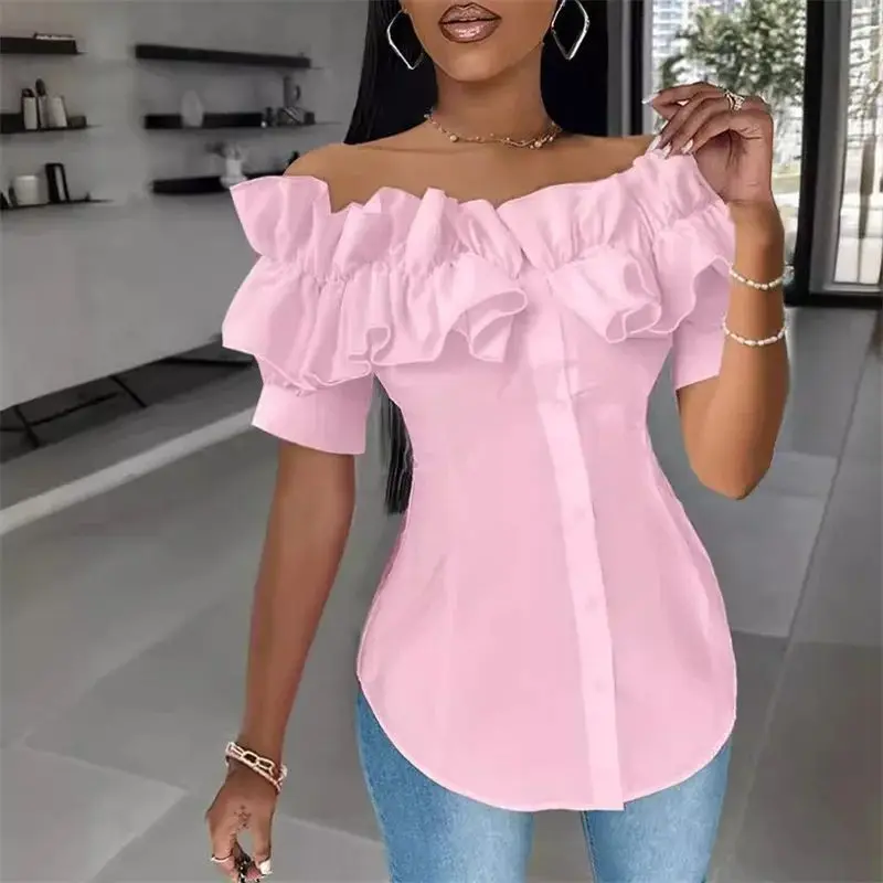 

Ele Pleated Ruffle Decoration One-Line Ne irt for Women Sli Chinese Sle Top for Autumn Season