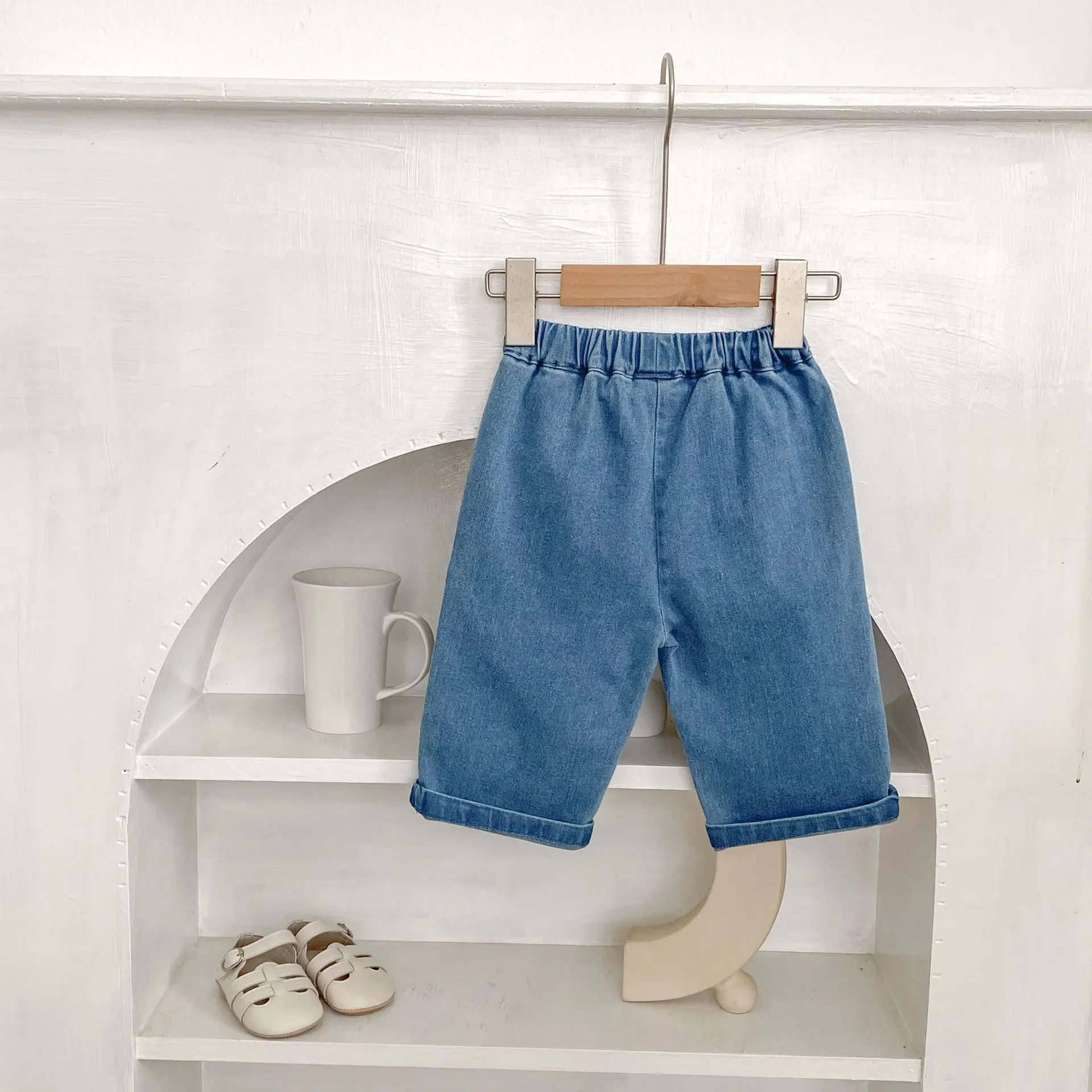 2025 Autumn Newborn Toddler Unisex Bear-Trimmed Straight Leg Denim Pants Soft Korean Style Pants for Baby 0 To 4 Years