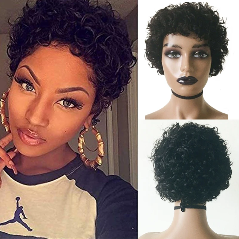 

Short Jerry Curly Afro Human Hair Wig Pixie Cut Bob Spiral Curly Brazilian Remy Natural Hair Wigs For Black Women 180% Density