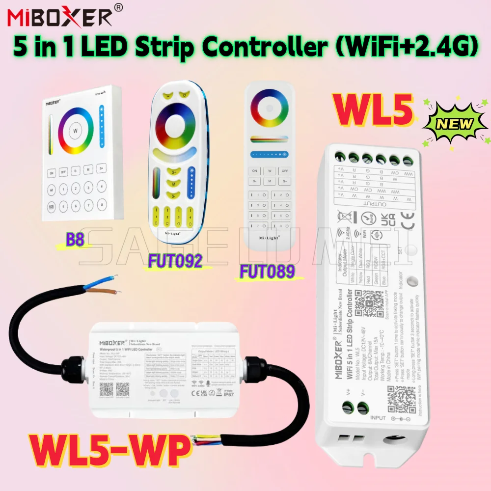 

Miboxer New WL5-WP (IP67 Upgraded Waterproof)/WL5 (Non-waterproof) 5in1 WiFi+2.4G LED Controller DC12~48V B8 Smart Strip Control