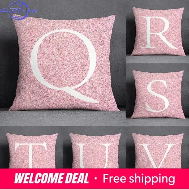 Pink 26 English Letters Flower Printing Pillow Home Decoration Car Sofa Cushion Cover