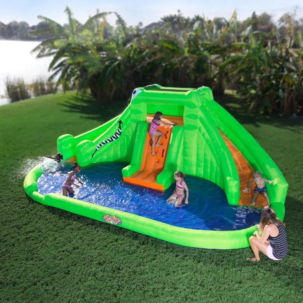 Crocodile Isle – Riesiger aufblasbarer Wasserpark 22 x 14 – doppelt gebogene Rutschen, Spritzbereich, Kletterwandgebläse