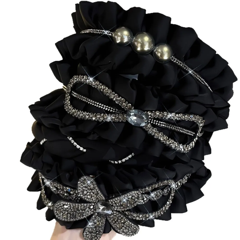 

Simple Cloth Black Hairband Wide Rhinestone Women Hair Hoop Korean Style Thickened Wrinkle Headband Daily