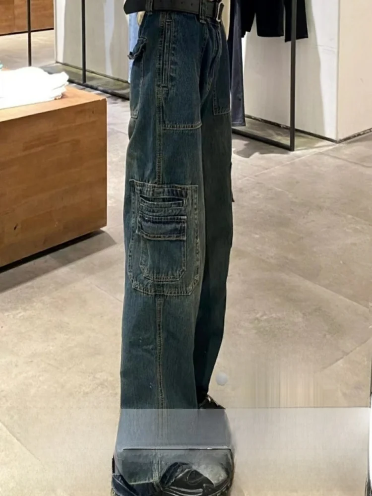 

Джинсы женские с высокой талией, широкими штанинами, прямым кроем, в стиле ретро, из денима, больших размеров, осенне-зимние, свободного кроя, с деталями на карманах