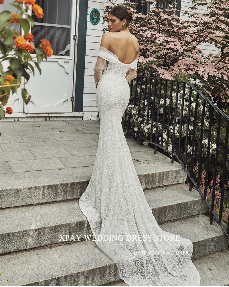 XPAY Sexy Off the Shoulder Mermaid Glitter Wedding Dresses Sheer Long Sleeves Elegant Bridal Gowns Plus Size Robe de mariage