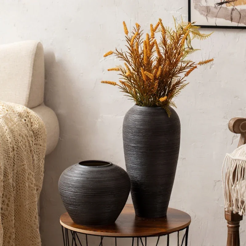 Floor To Ceiling Solid Color Black Vase Dried Flower Hydroponic Vase Ceramics Home Retro Porcelain Decorative Ornaments