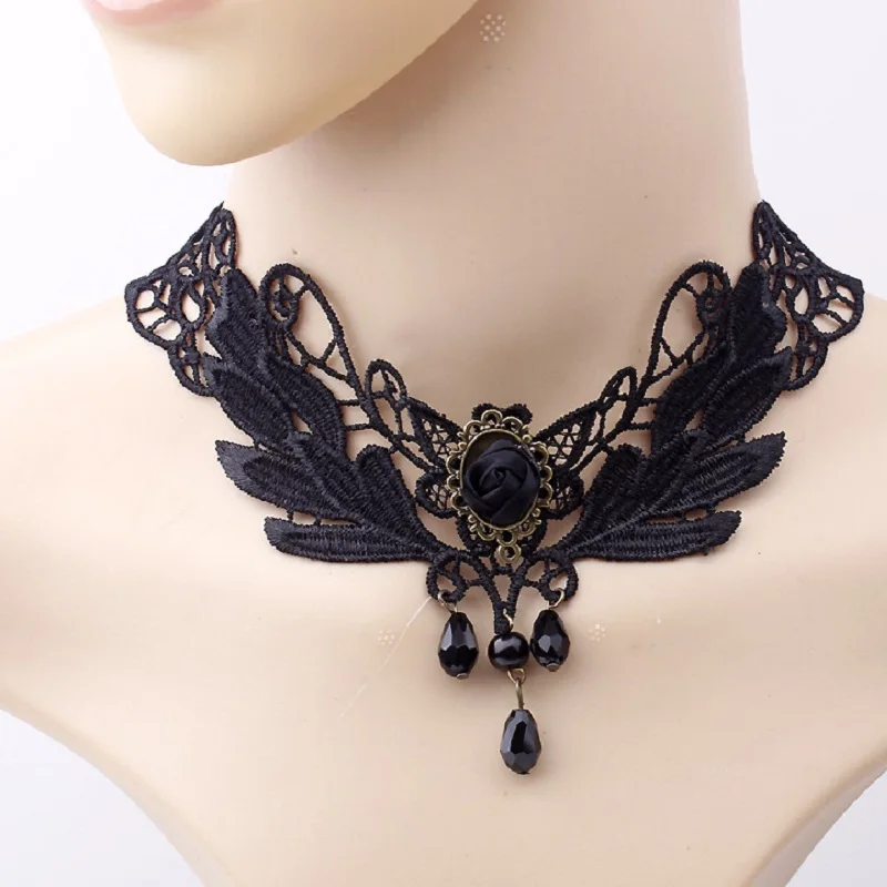 Gothic Victorian Black Lace Necklace Women Girl Boho Crystal Tassel Sexy Lace Choker Dark Loli Style Jewelry