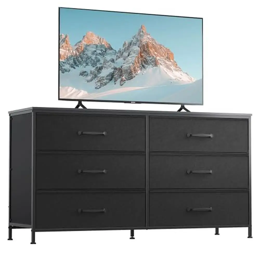 Soporte de TV de tela de 6 cajones, mueble de dormitorio, torre de almacenamiento grande, unidad negra con contenedores, fácil configuración, soporte estable y elegante