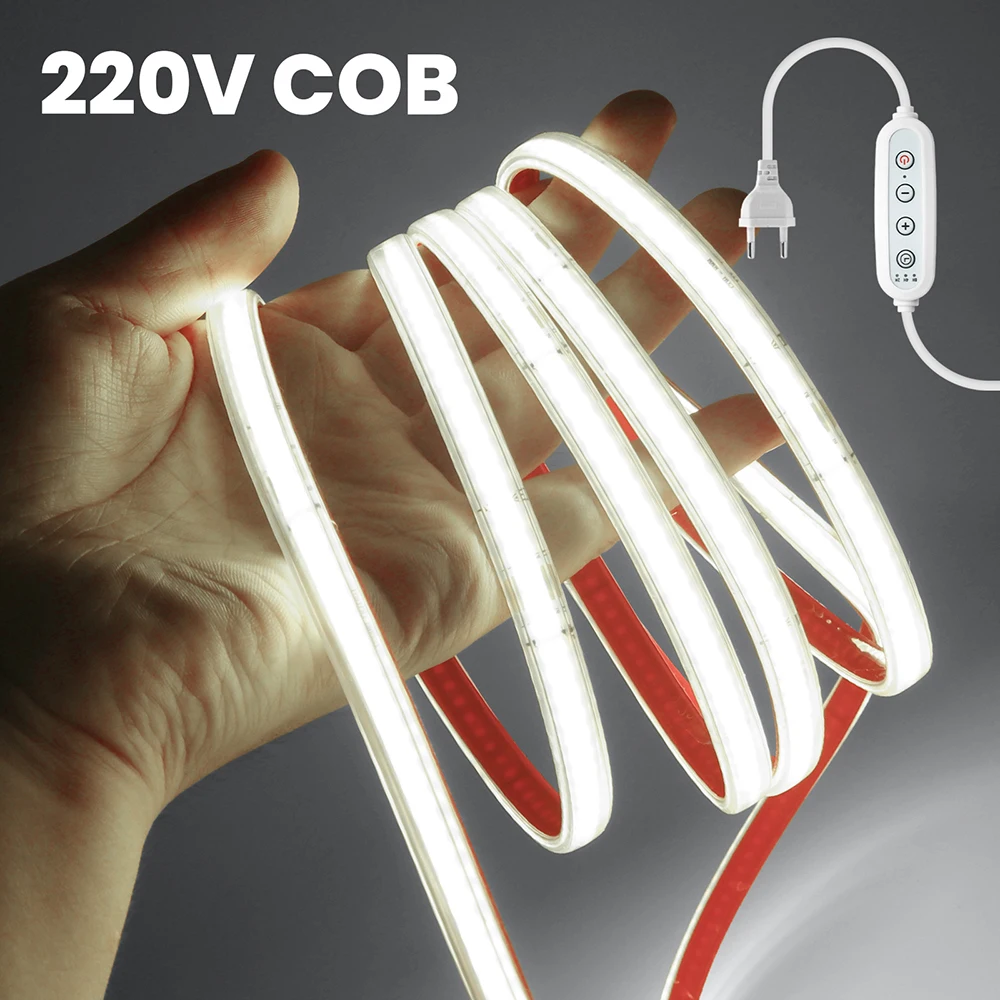 220V 4key Dimmable COB LED Strip Light 5m 10m 15m 20m 25m Flexible Tape 240 LEDs/m 10 Colors Dimmer EU Power Plug Kit 0.5m 1m 2m