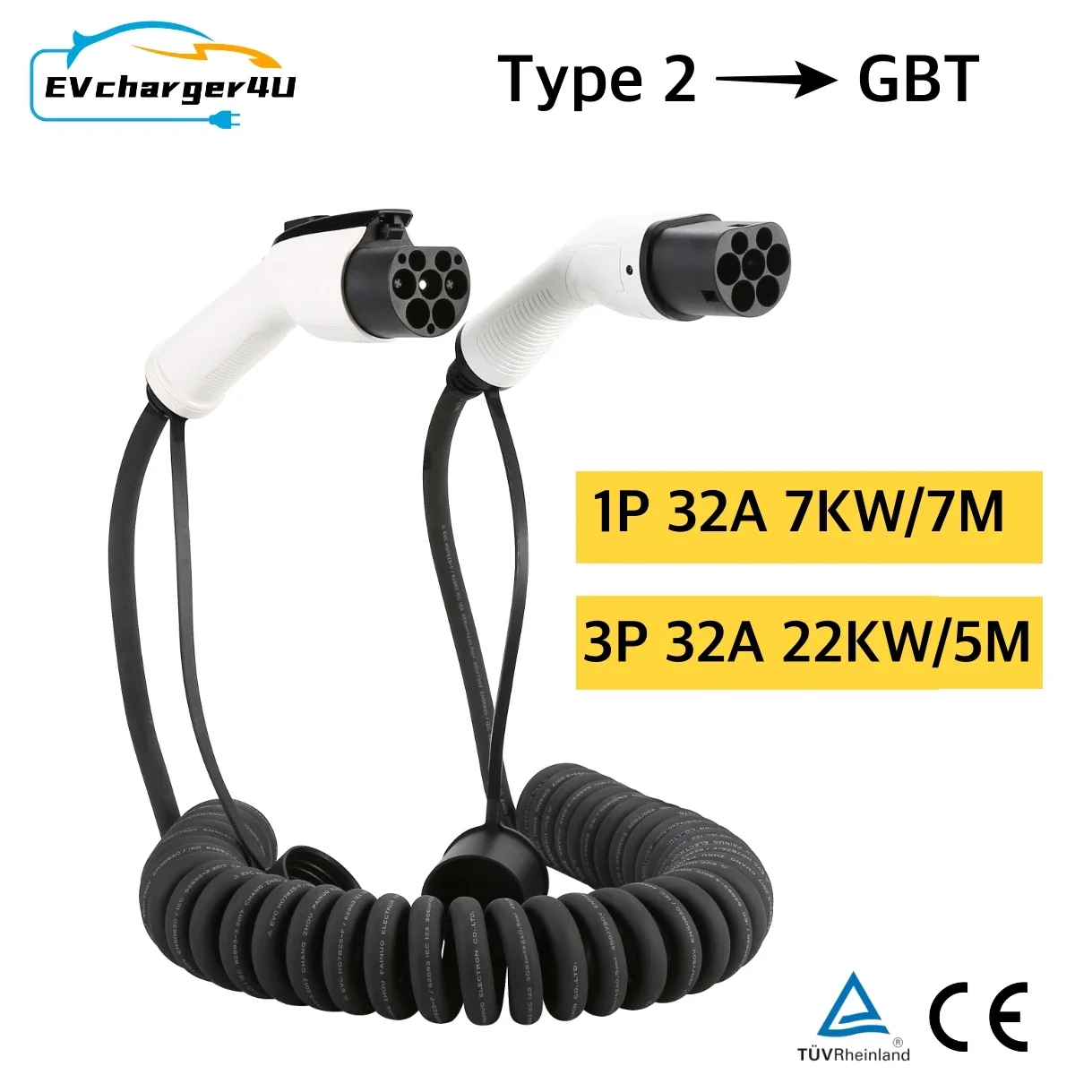 EVcharger4U 5M/7M Spiral EV Charging Cable IEC62196 Type 2 to GBT 7KW 22KW 1phase 3Phase 32A For EVSE Vehicles Charger Station