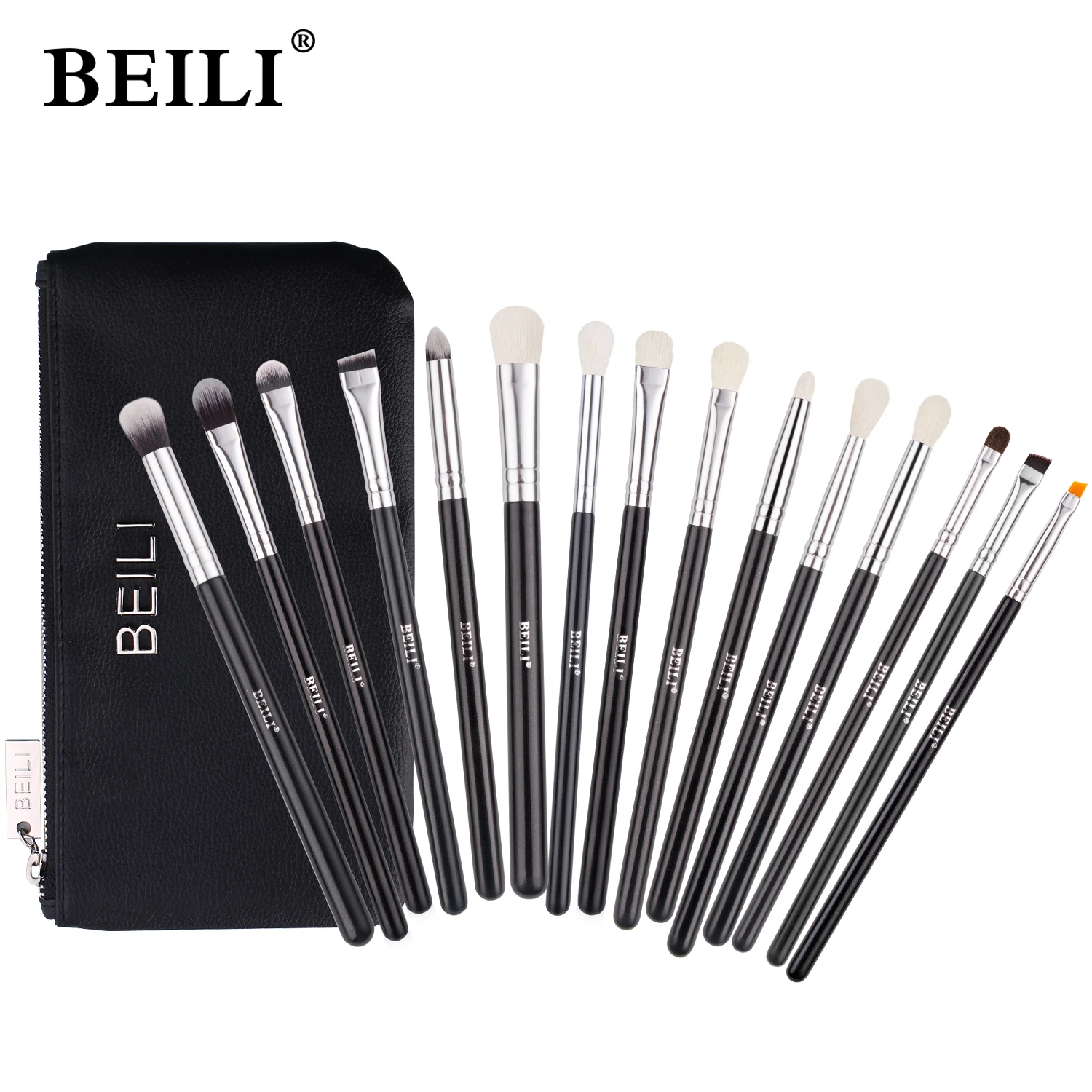 

BEILI Makeup Brushes black 15pcs Natural Hair Eyeshadow Eyebrow Eyeliner Eyes Blending Brush Set with Bag brochas