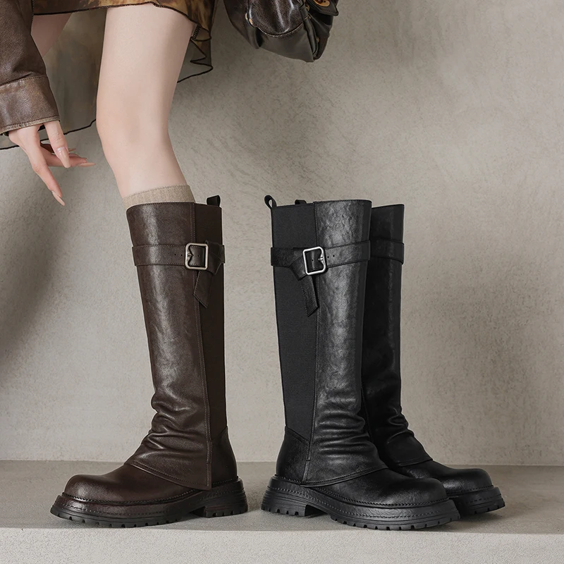 2026 new autumn winter women knee-high boots 22-25cm split leather+stretch fabric+pigskin/plush buckle Knight boots long boots