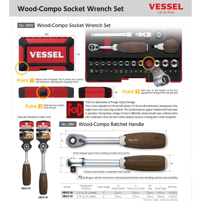 VESSEL Non-slip Wood-composite Ratchet Socket Wrench Set Japan Tools No.HRW Series