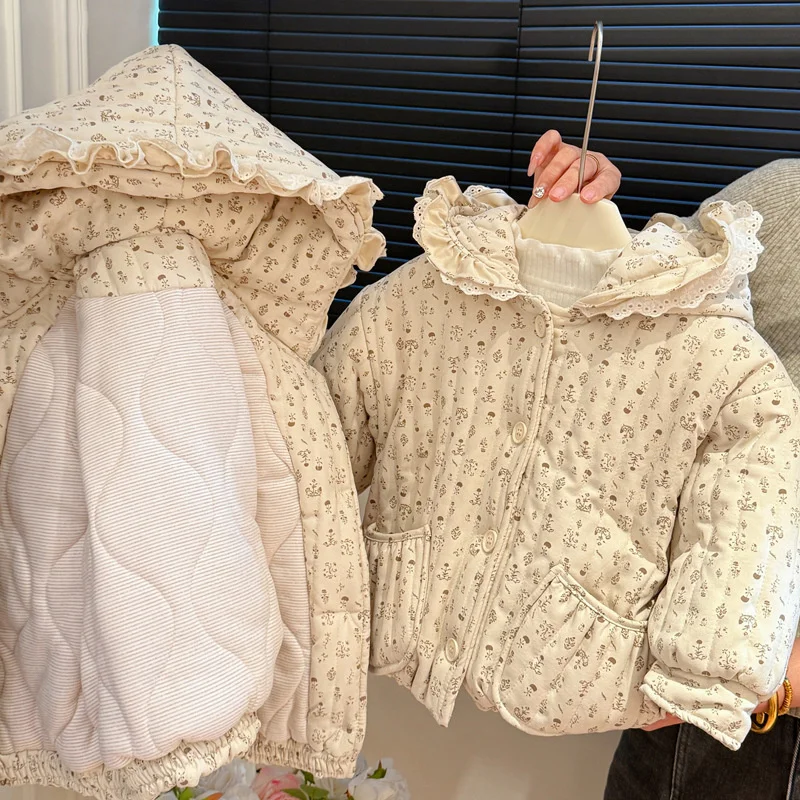 Baby Girls Winter Jackets Kids Thickened Hooded Cardigan Coats Children's Three-Layer Padded Clothing Toddler Floral Warm Parka