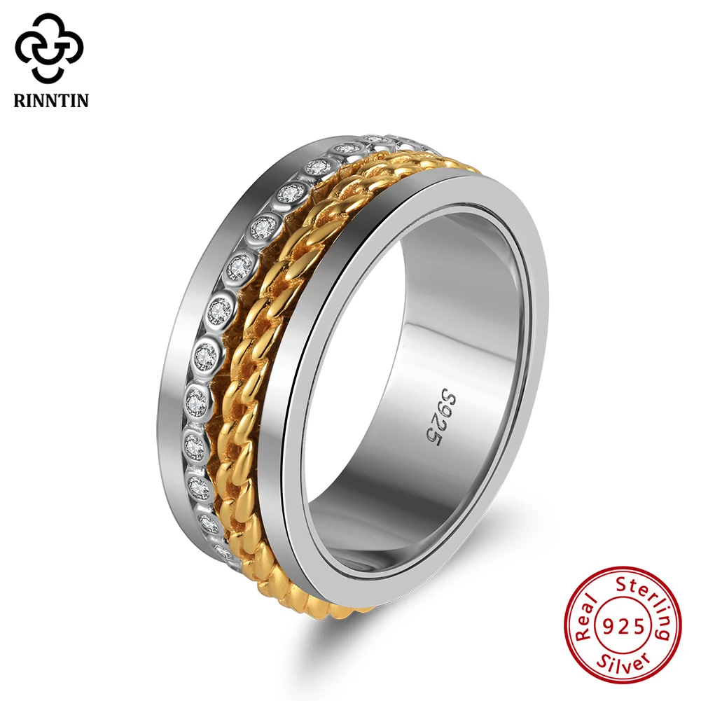 

Rinntin Genuine 925 Sterling Silver Rotatable Rings for Men Vintage Statement Thumb Fidget Band Rings Party Punk Jewelry NMR13