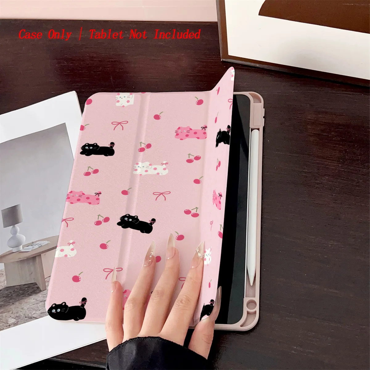 Sweet Light Pink Solid Background&Multi-Color Cats+Pink Cherries iPad Case For Apple iPad Pro11/12.9 Air4/5 Mini6 10th Gen Cover