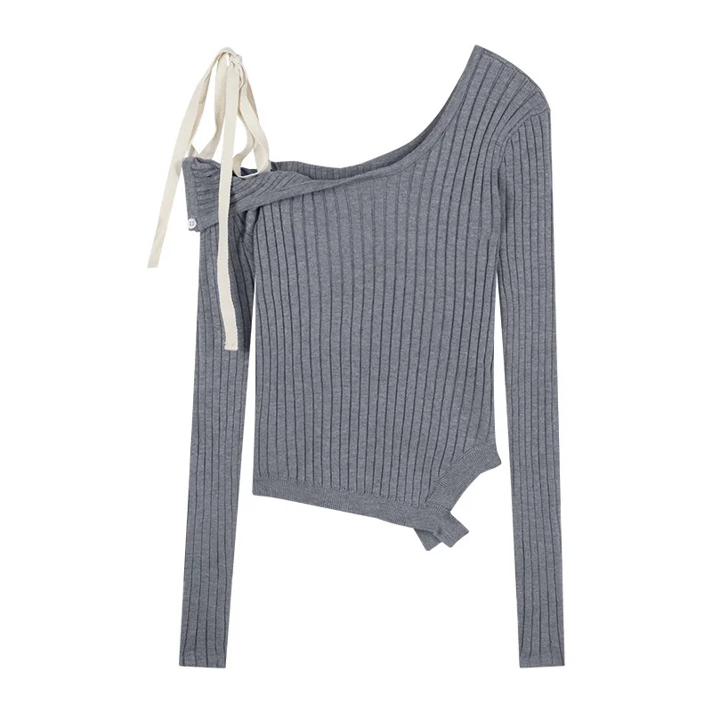 Sexy Off Pullover Shoulder Sweater Women Knitted Asymmetrical Slash Neck Lace Up Long Sleeve Striped Elegant Casual Loose Top