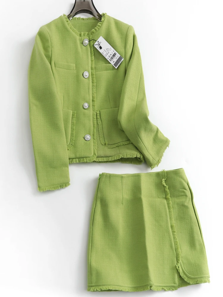 

Elegant round Neck Short Skirt Set with Tassel Trim Single Button Female Fashion Cotton Spring Autumn Seasonal Business Uniform