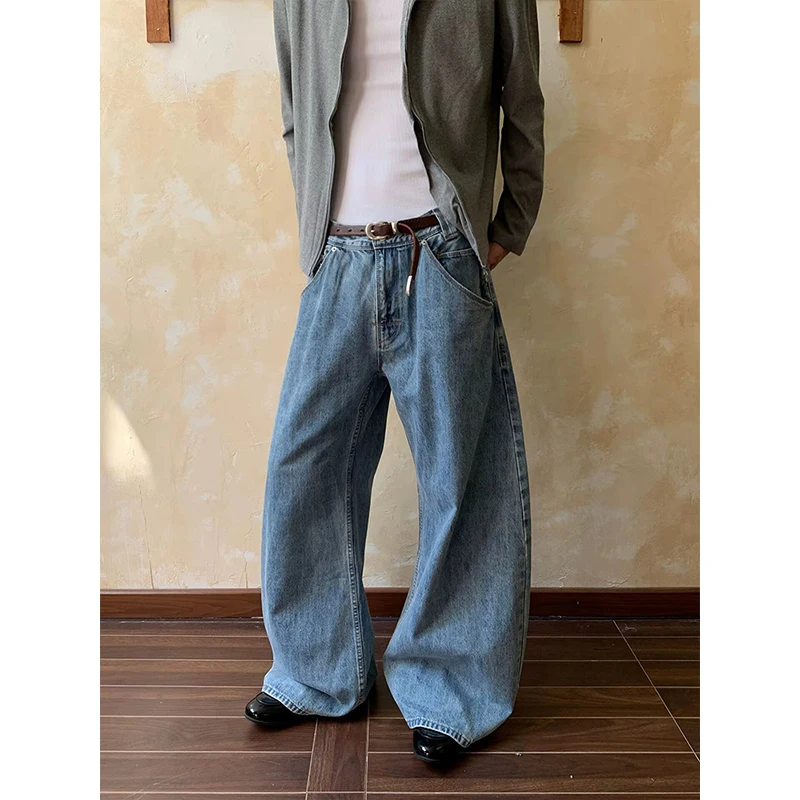 Men Trousers American Retro Solid Color Washed Male Harem Pant Loose High Waist Wide Leg Versatile Man Denim Pant