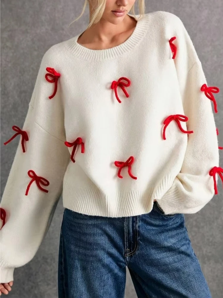 Autumn Chic Red Bow Knitted Sweater Pullovers Women O-Neck Long Sleeve Loose Fit Female Top Commute Warm Casual Women's Clothing