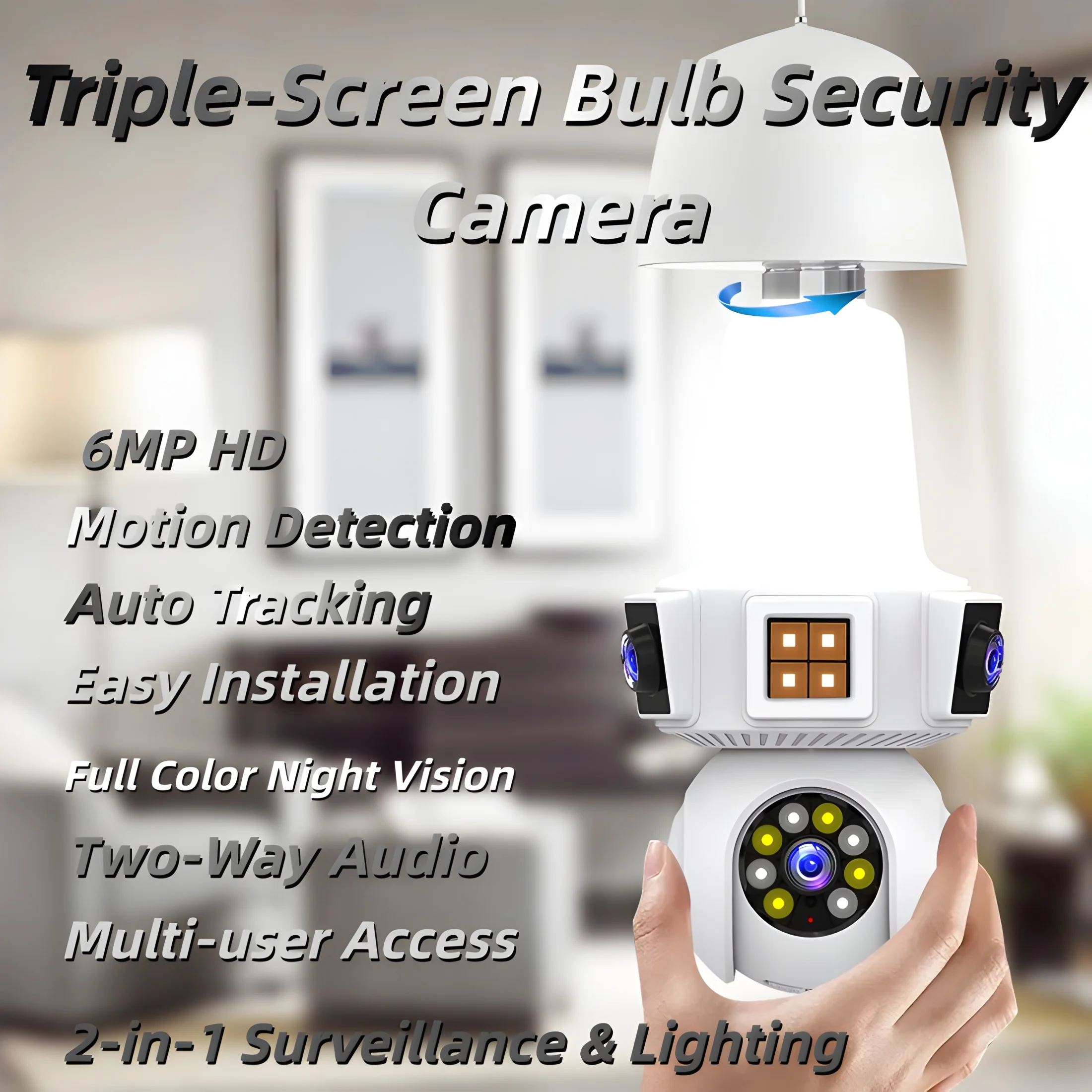 E27 Bulb Security Camera 6MP HD 355° PTZ Auto Tracking Full Color Night Vision Two-Way Audio Wi-Fi & AP Connection
