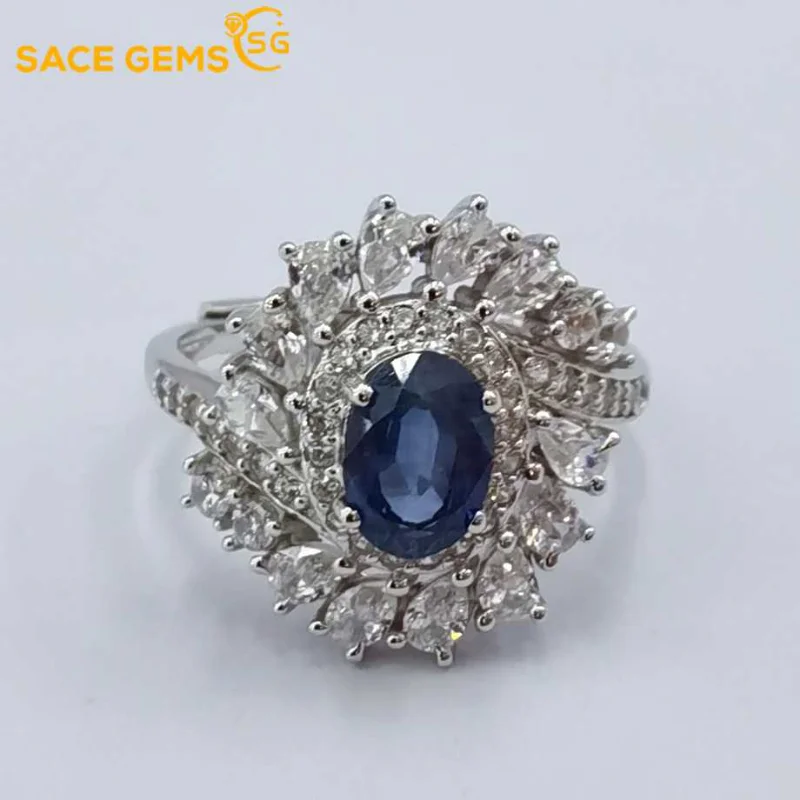 

SACE GEMS New Trend Women Jewelry Ring Resizable 925 Sterling Silver 5*7MM Sapphire Luxury Women Cocktail Party Fine Jewelry