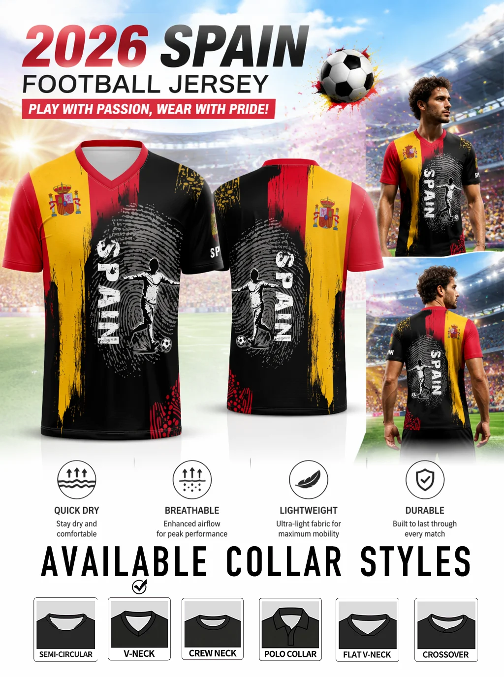 Premium Spain national‑team sports shirt, tough‑wearing material, six different replaceable collar choices