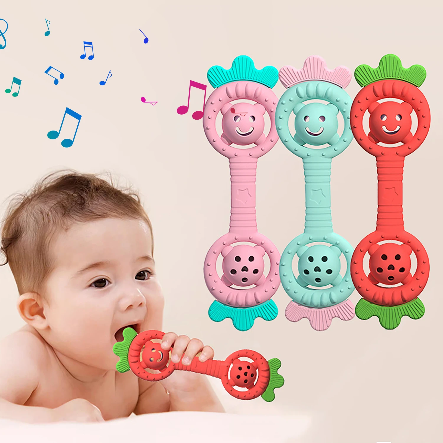 Baby bite glue anti eating hand tool, water boiling grinding tooth stick, silicone strawberry teddy bear, ringing toy