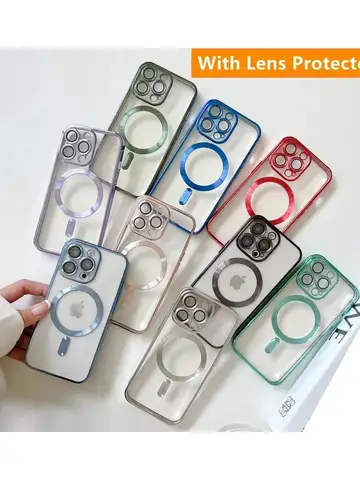 Vanuoxin chapado para funda Magsafe para iPhone 15 14 13 12 11 15 Pro Max carga inalámbrica cubierta suave magnética Protector de lente de cámara