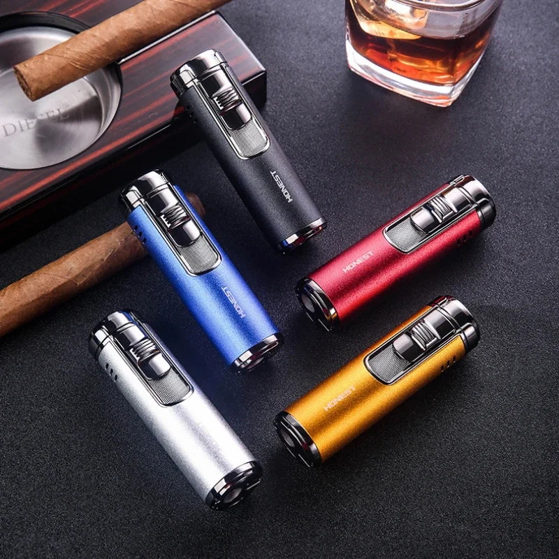 Business Lighter Metal Inflatable Four Straight Cigar Lighter Boutique Red Fire Multi-functional Cigarette Lighter Gift