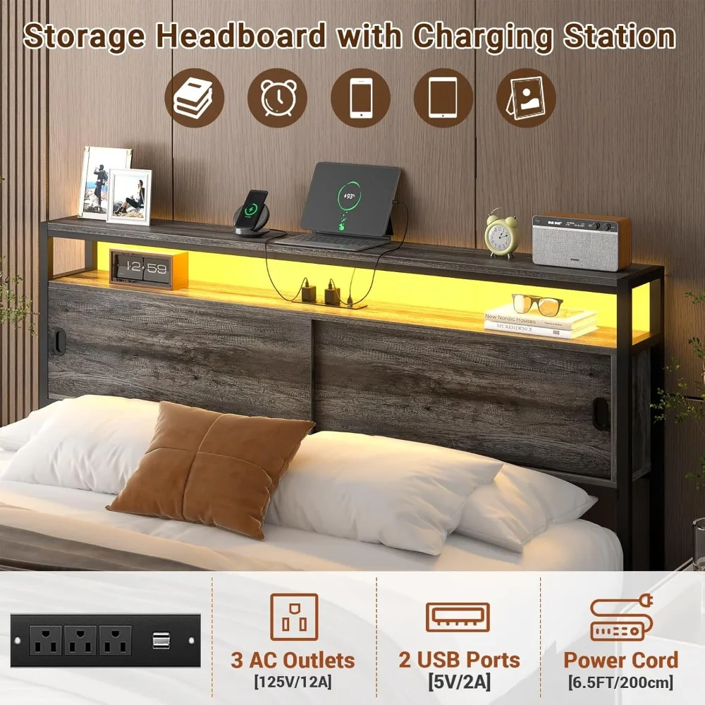 Queen Size Bed Frame - Storage Headboard Bed with Sliding Doors, LED Lights & USB Charging Station, Metal Platform Bed Frame