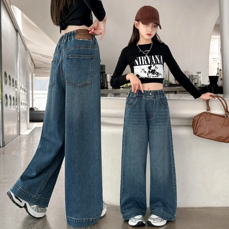 New Spring Autumn Teens Girl Dark Blue Jeans Leisure Fashion Wide Leg Pants Kids Child High Waist Trousers 6 7 8 9 10 12 14 Year