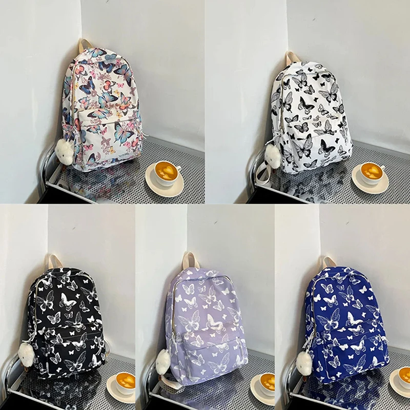 Unisex Butterfly Printing Pattern Backpack, Student Nylon Bag sem pingente, Short Distance Travel Bag, Meninas, portátil