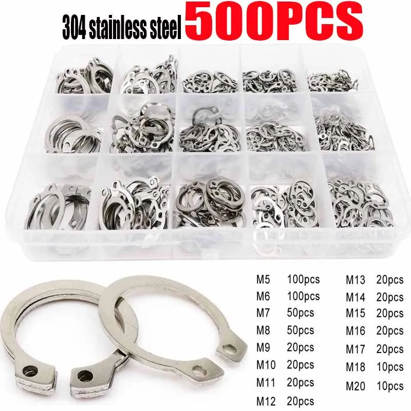 

500PCS M5-M20 Circlip External/Internal Retaining E-type Cir clip Lock Snap Ring Set holes Shaft Collar Washer Stainless Steel