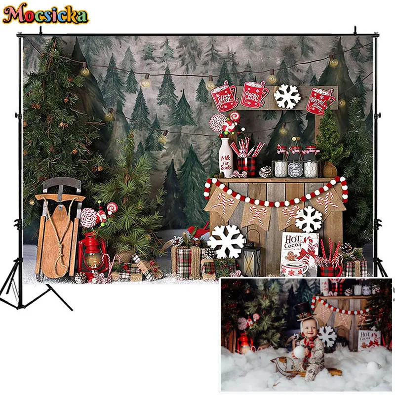 Christmas Hot Cocoa Photography Background Winter Snow Pine Tree Xmas Holiday Party Decor Kids Portrait Backdrops Photo Studio