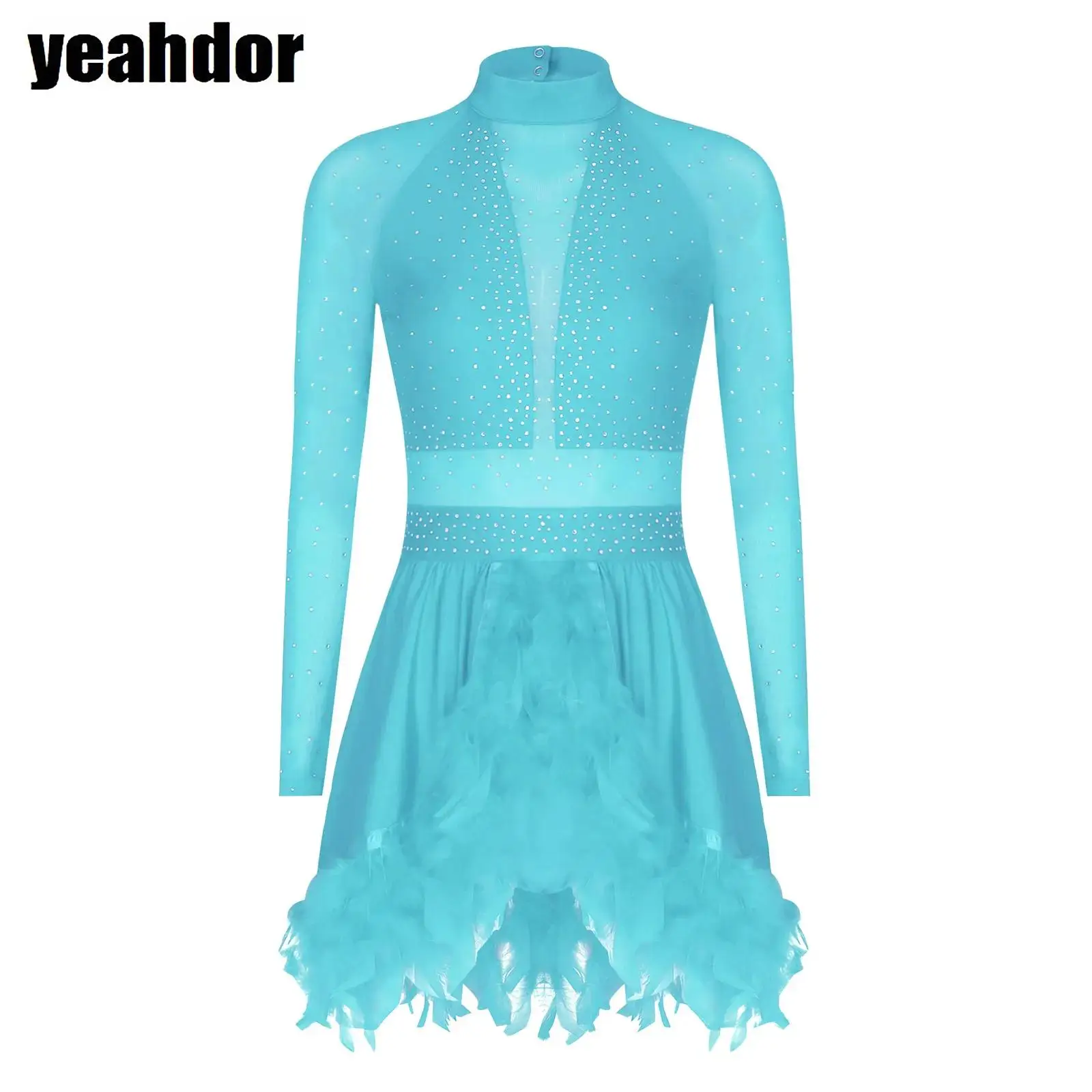 

Women Gymnastics Ballet Leotard Dress Mock Neck Long Sheer Mesh Rhinestones Feather Dance Dress Lyrical Figure Skating Costume