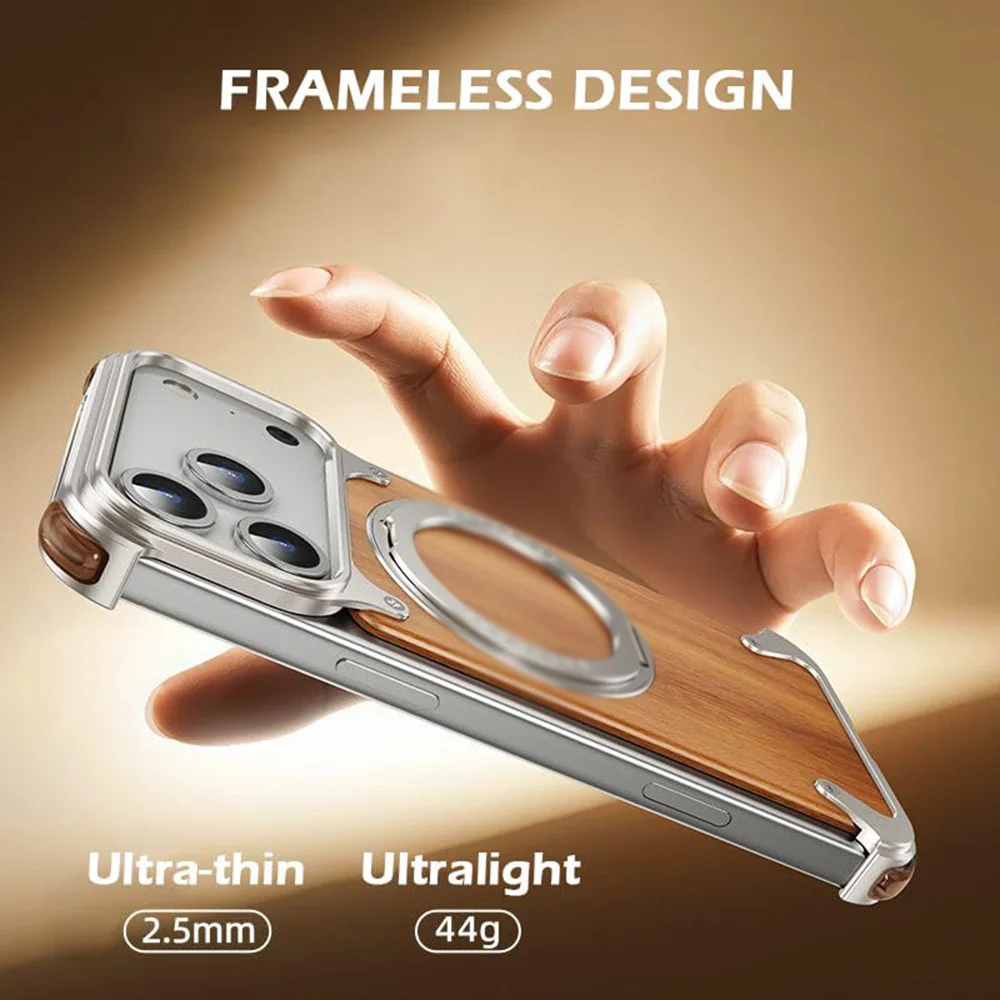 For iPhone 17 Pro Max/17 Pro Titanium Metal Wood Leather Magnetic Frameless Case 360° Rotating Kickstand Airbag Shockproof