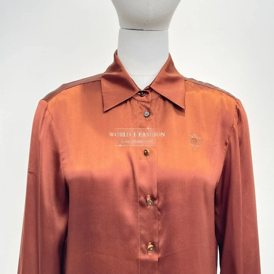 

Атласная блузка с длинным рукавом, высокое качество, новинка 2025, модная красно-коричневая блузка