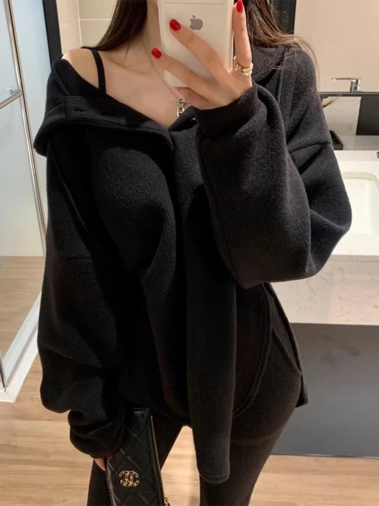

Chic Autumnal Asymmetric Hoodie Women's Casual High Waist Split Long Pants Faionable Versatile Streetwear Sle Four-Piece Set