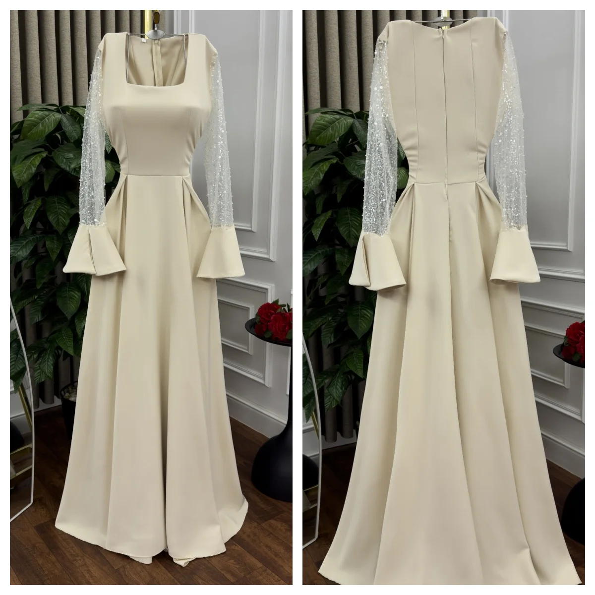 Vestido de noche personalizado Jersey clásico cuello cuadrado lentejuelas mangas largas vestidos de graduación exquisitos vestidos de fiesta de tren de barrido