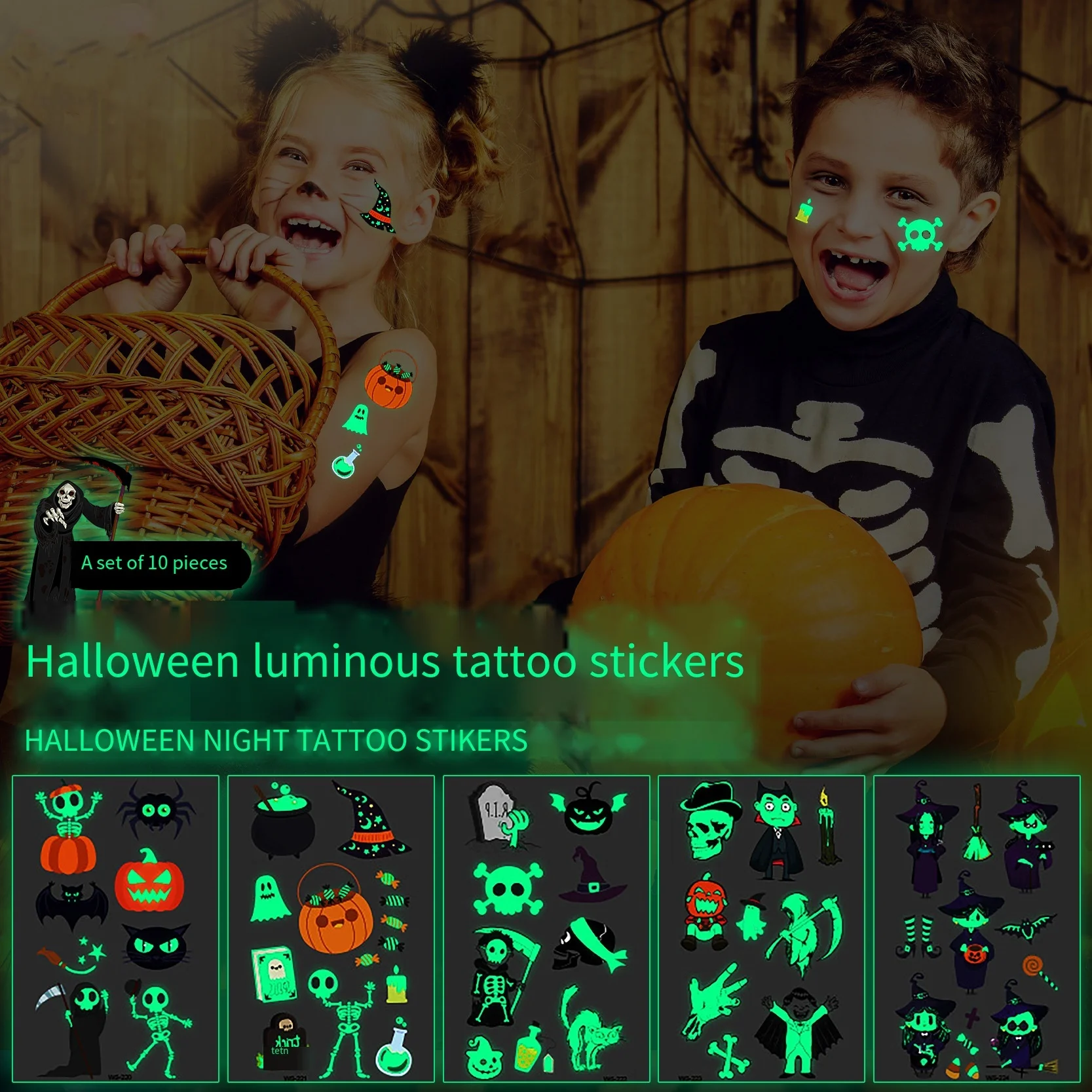 

10 листов светящиеся татуировки на Хэллоуин, водонепроницаемые, долговечные, призрак, ведьма, тыква, дети, взрослые, украшение для Хэллоуина