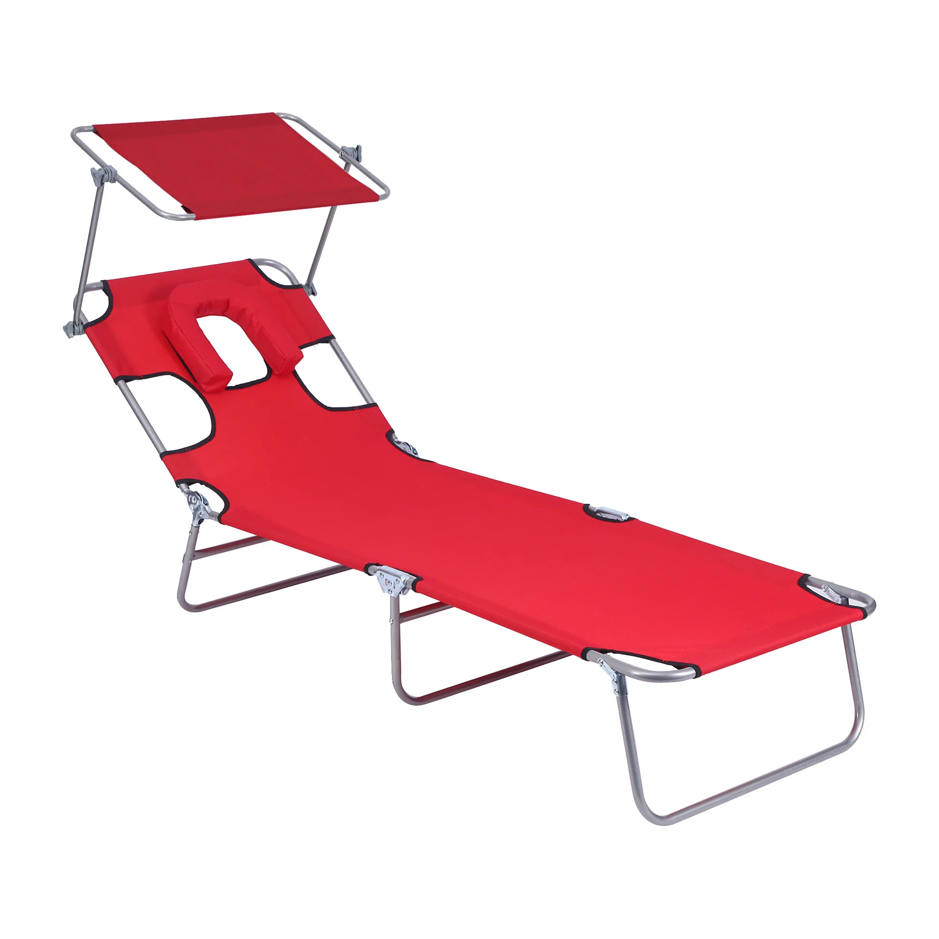 Folding Tanning Chair with Head Cushion Chaise Lounge Outdoor with Adjustable Backrest and Canopy Shade Folding Chairs