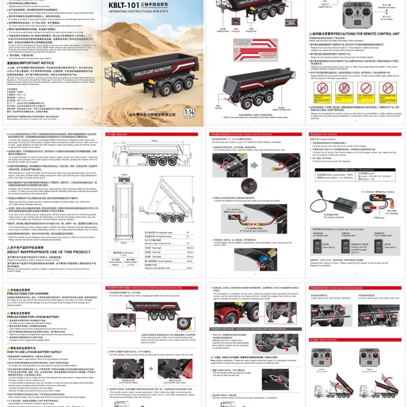 1/14 카볼라이트 770S 100 메탈 원격 제어 3축 전동 리프팅 세미 트레일러 덤퍼 RC 트랙터 트럭용 SC 배터리 충전기