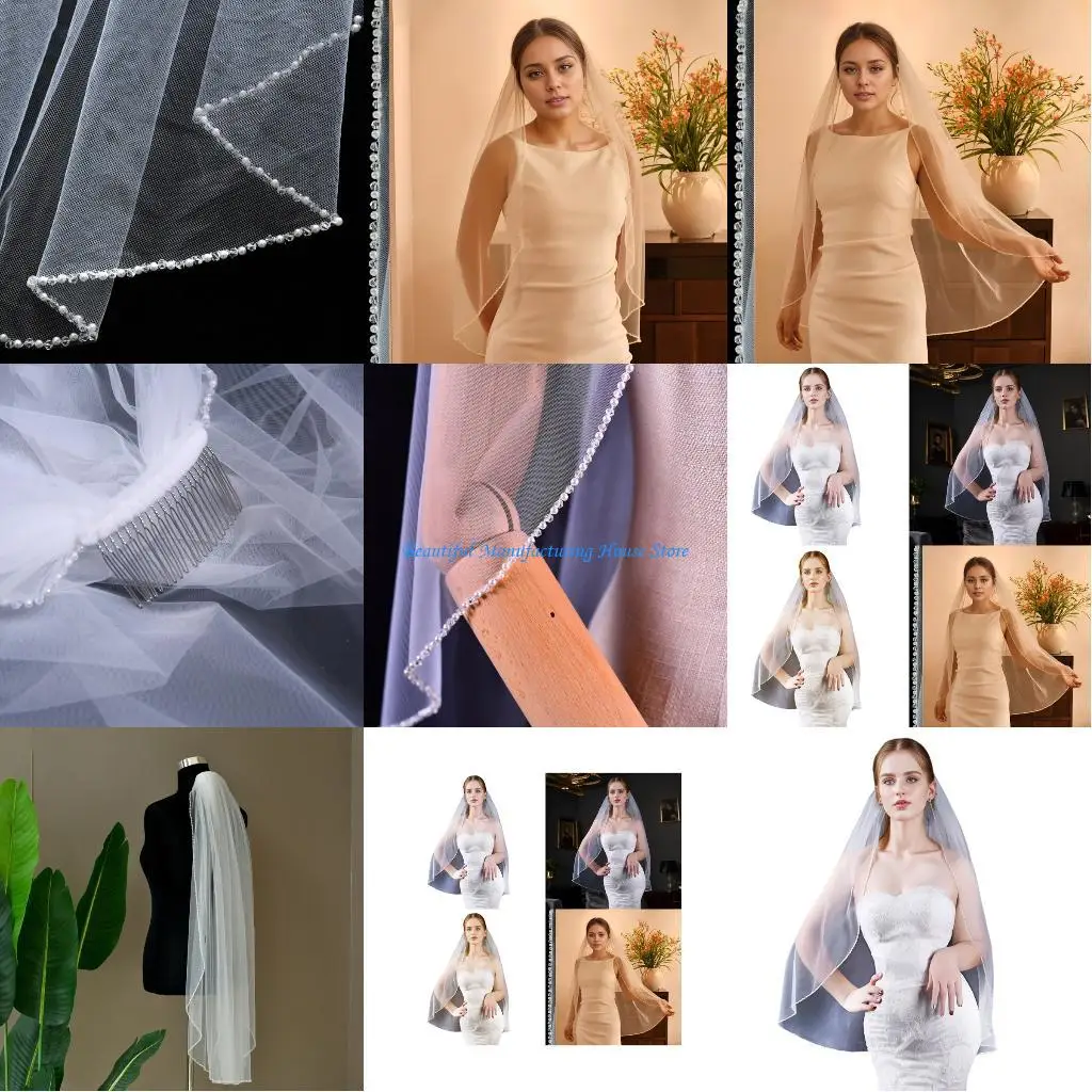 E56A غطاء رأس العروس حجاب مانتيا العروس أغطية الرأس مانتيا حجاب رائع مرصع باللؤلؤ مانتيا لإكسسوارات اللعب المدرسية