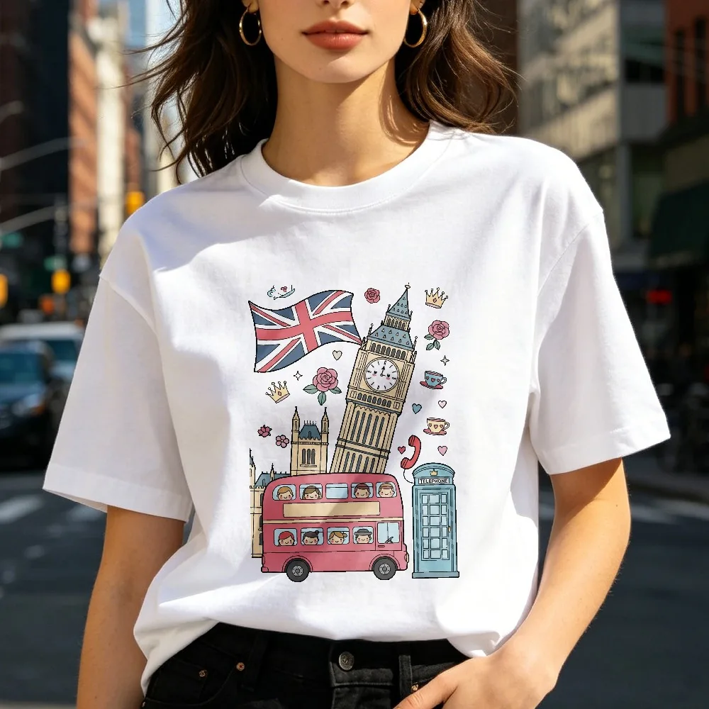Funny Cute Pink London Bus Graphic Tee Big Ben Tower Skyline Travel Illustration Gift Men Women Cotton Casual Tops Fashion Shirt