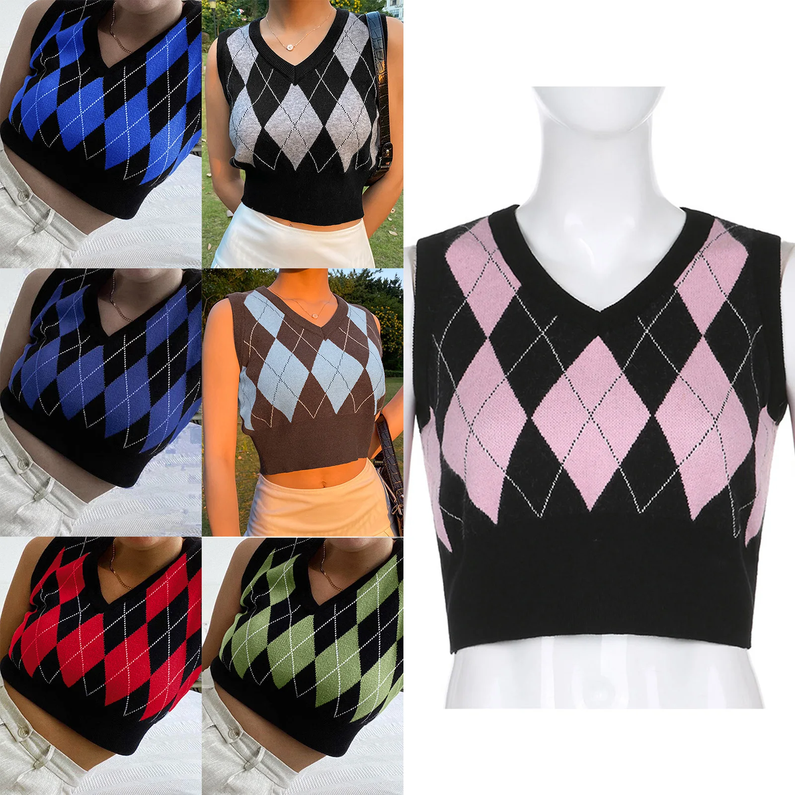 Womens Vest  Tops V Neck Argyle Knitted Vest Fashion Contrast Color Plaid Sleeveless Crop Top Pullover Sweater