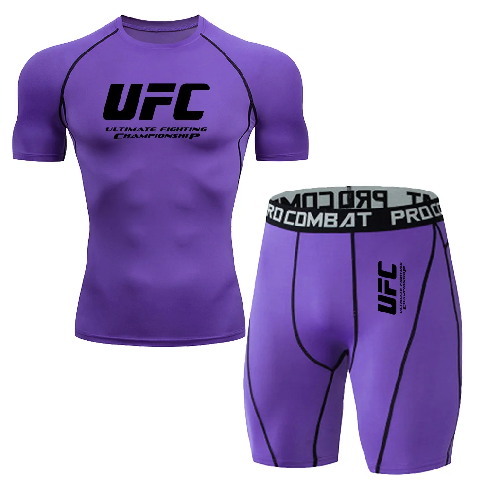 UFC Men's Tight T-shirt Set Summer Casual Sports Fighting Street Fashion Fitness Top Pants Two Piece Set Sunscreen Top