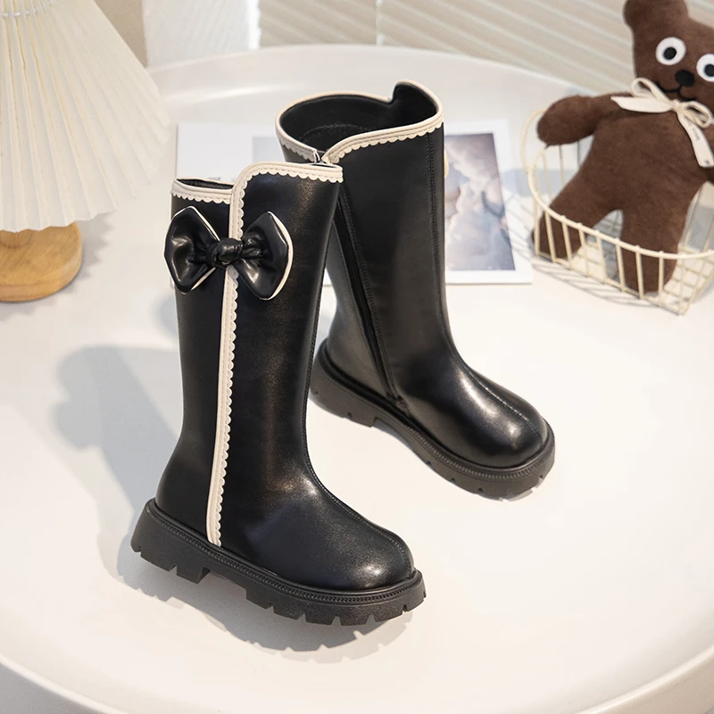 Autumn Winter Girls Leather Boots 2026 Soft Soled Kids Fashion Princess Boots Non-slip Outdoor Bowknot Comfort Children Boots