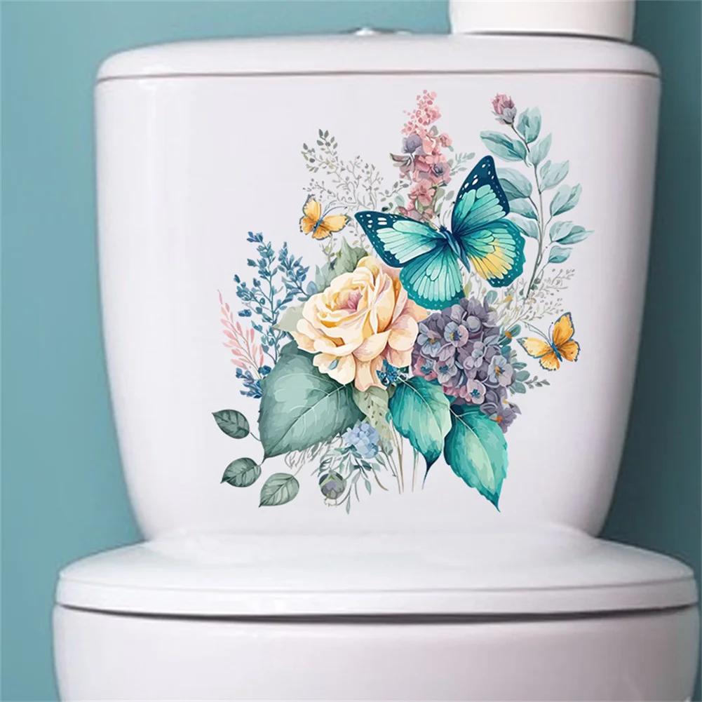 Flowers Toilet Seat Lid Stickers Waterproof Removable Butterfly Pattern Bathroom Wall Sticker WC Home Decoration