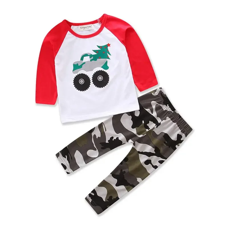 1-5Y Cool Boys Autumn Clothes Long Sleeve Cartoon Little Car Pullover T-shirt Camouflage Elastic Long Pants Boys Outfits
